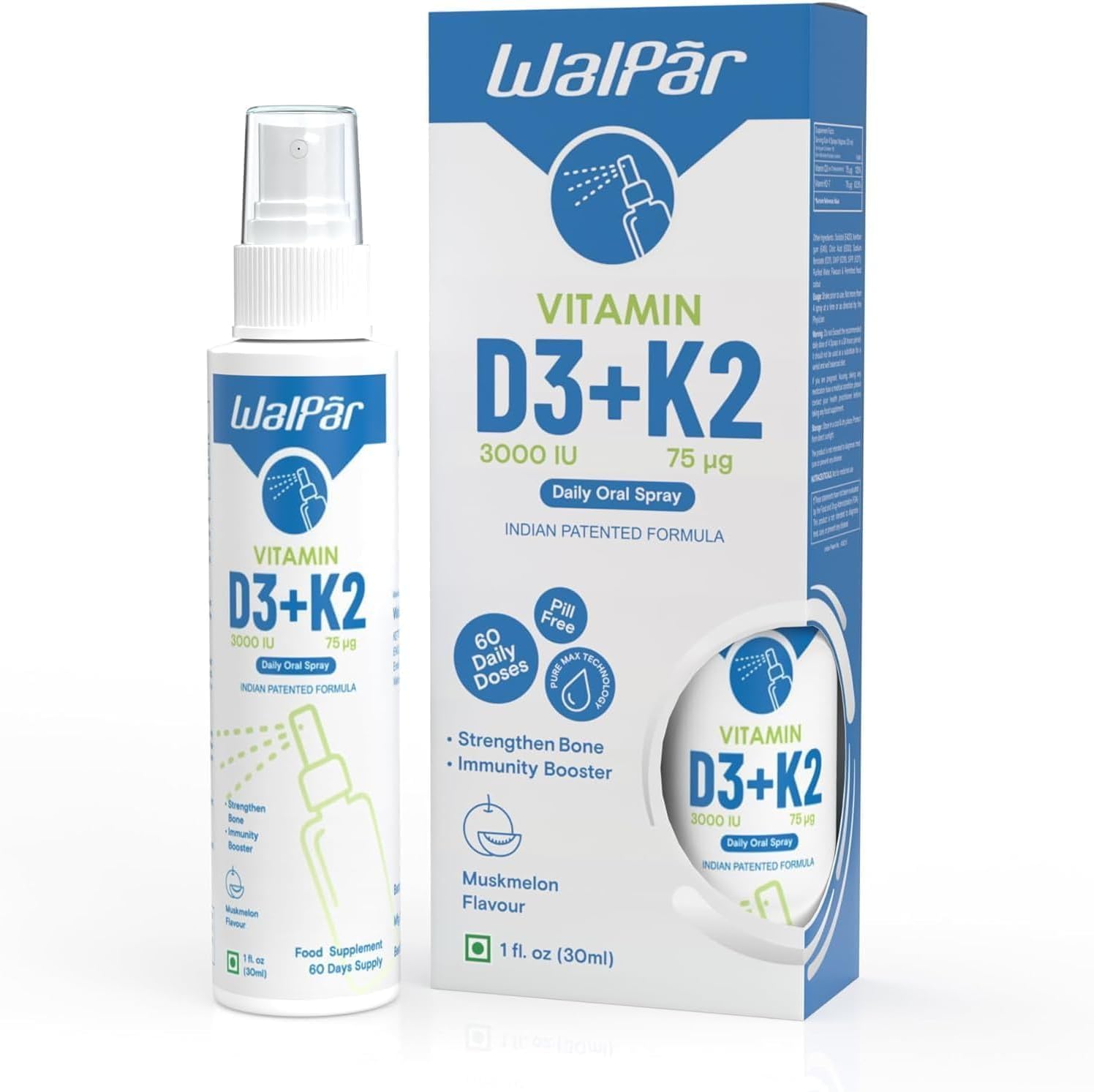 Vitamin D3 K2 Oral Spray Muskmelon Flavour | 75mcg 3000 IU | Easy Absorption Liquid Spray for Bone Health & Immune Support | 1 fl oz (30 ml) 60 Servings