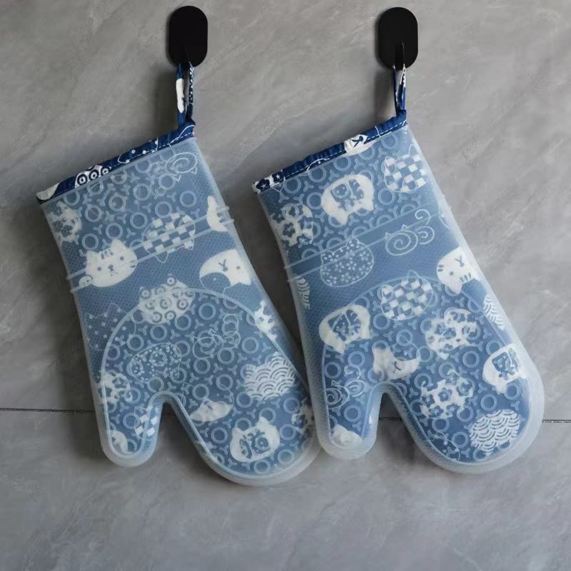 2 pcs Oven Mitts Transparent Clear Silicone Shell and Nice Cat Printing Cotton Lining, Heat Resistant to 500 F Kitchen Oven Gloves Pot Holder