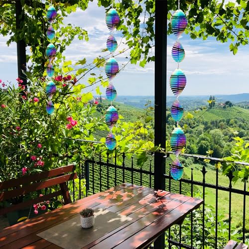 Image of Wind Spinners Outdoor Garden Decor Gifts for Women Men, Rainbow 3D Reflective Metal Wind Spinner, Stainless Steel Hanging Ornament for Yard Outside Patio Porch