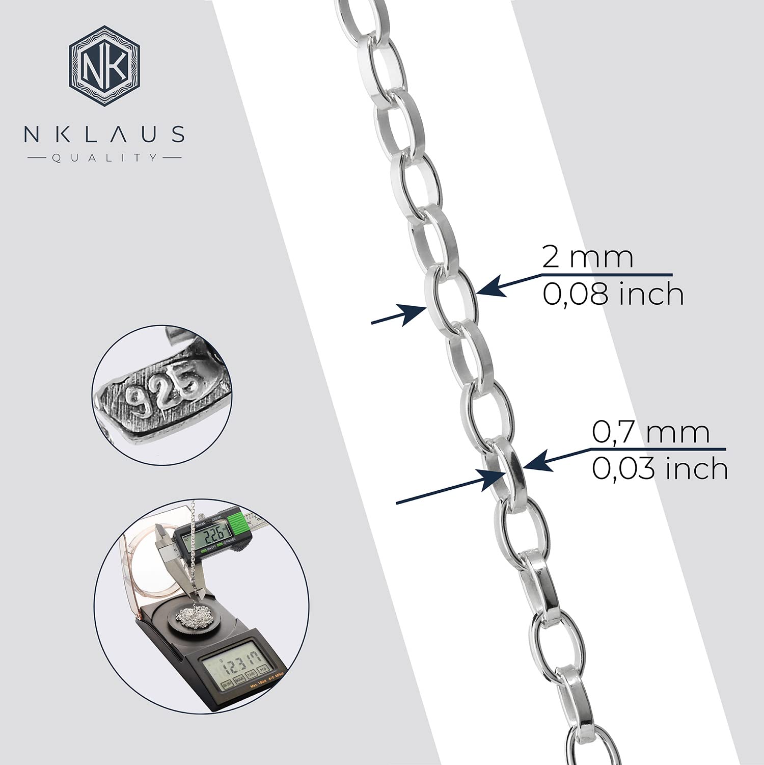 NKlaus 80cm collar de guisantes ovalados de plata 925 2,0mm de ancho elegante collar cadena de plata 8353