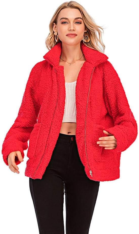 Women's Casual Lapel Fleece Fuzzy Faux Shearling Zipper Coats Oversized Outwear Jackets - Image 6