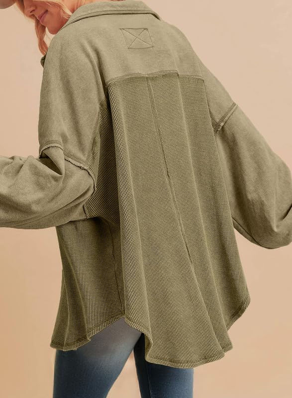 SHEWIN Womens Waffle Knit Shackets Fall Fashion Button Down Shirt Jacket Loose Long Sleeve Tops With Pocket 5