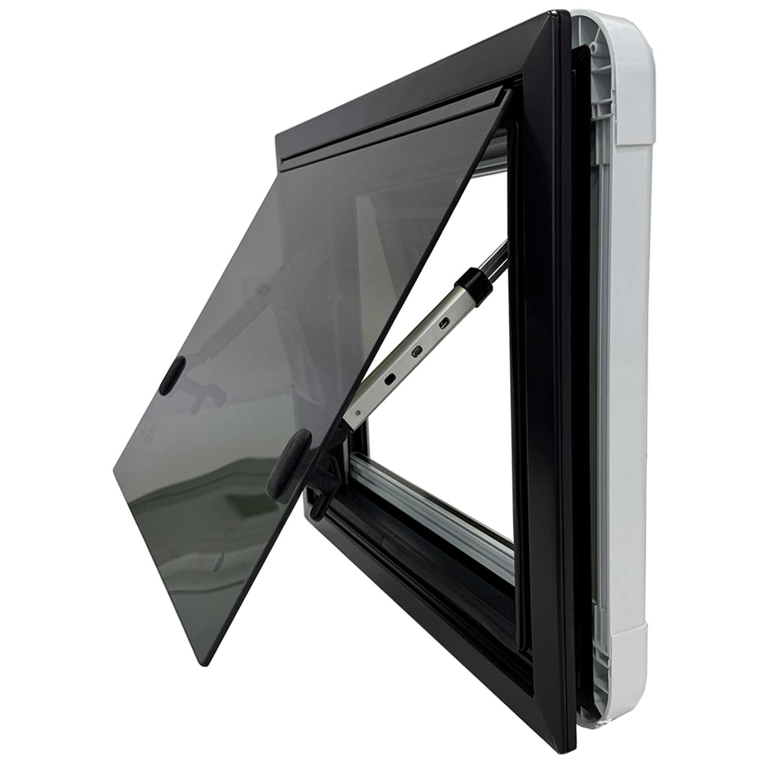SWISS OUTDOOR Ausstellfenster 1200x500 Echtglas ECKIG, ECE R43 geprüft, Doppelverglasung, Rollo & Mückenschutz, weiße Blende, isoliert, Wohnmobil Van Kastenwagen Fenster Camper Ausbau