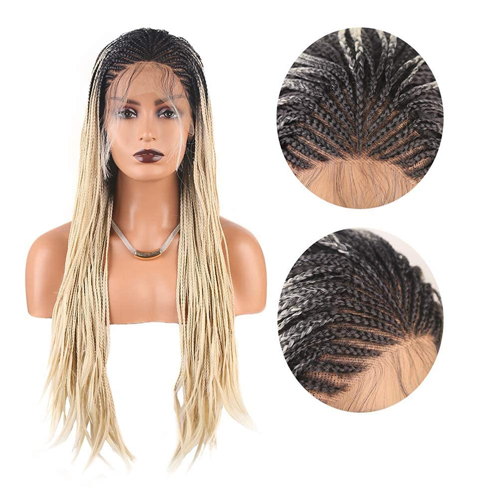 RONGDUOYI RDY Ombre Blonde Synthetic Lace Front Wig for Women Long Heat Fiber Hair Lace Wigs New Braided Box Braids Wig (24inch, #1B/613)
