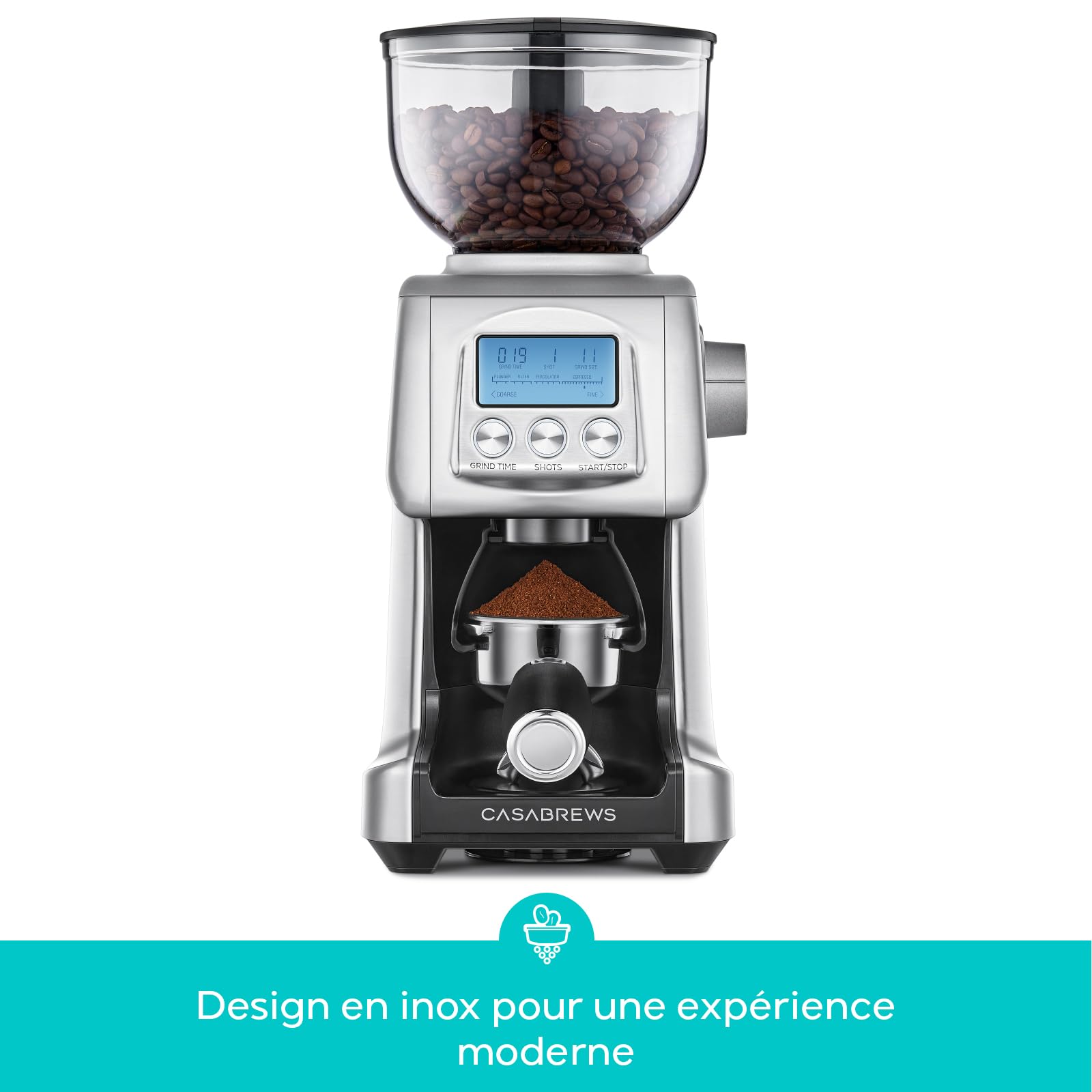CASABREWS Moulin à café électrique, Broyeur Cafe Grain avec 77 Réglages de Mouture Précise, Moulin café Avec RéGlage De La Tasse Et De L'Heure, Du Porte-Filtre, écran LCD, 400g