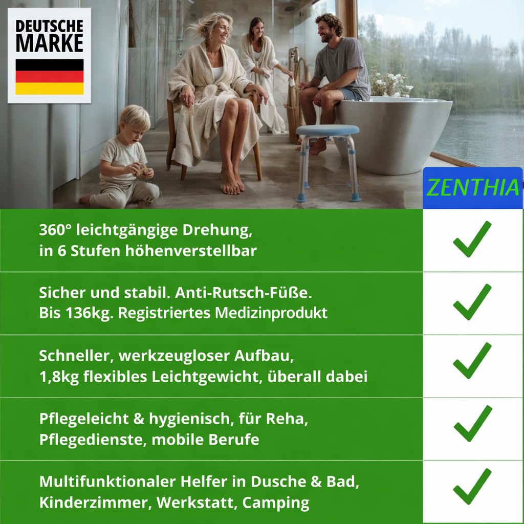 Duschhocker 360° extra leichtgängige Drehung, Medizinprodukt Klasse I, Stilvoller Duschstuhl 6-fach höhenverstellbar. Hygienischer Badsitz komplett abgedeckt. Bis 136 kg. Rutschfeste Gummifüße