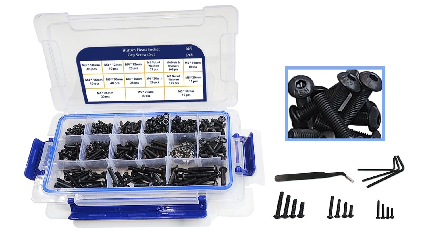 Vixel 669 Pieces Button Head Socket Cap Screws Set, Alloy Steel, Black Oxidation Finish, M3 to M5 Sizes, Includes Spring Washers, Hexagonal Wrenches, and Tweezer