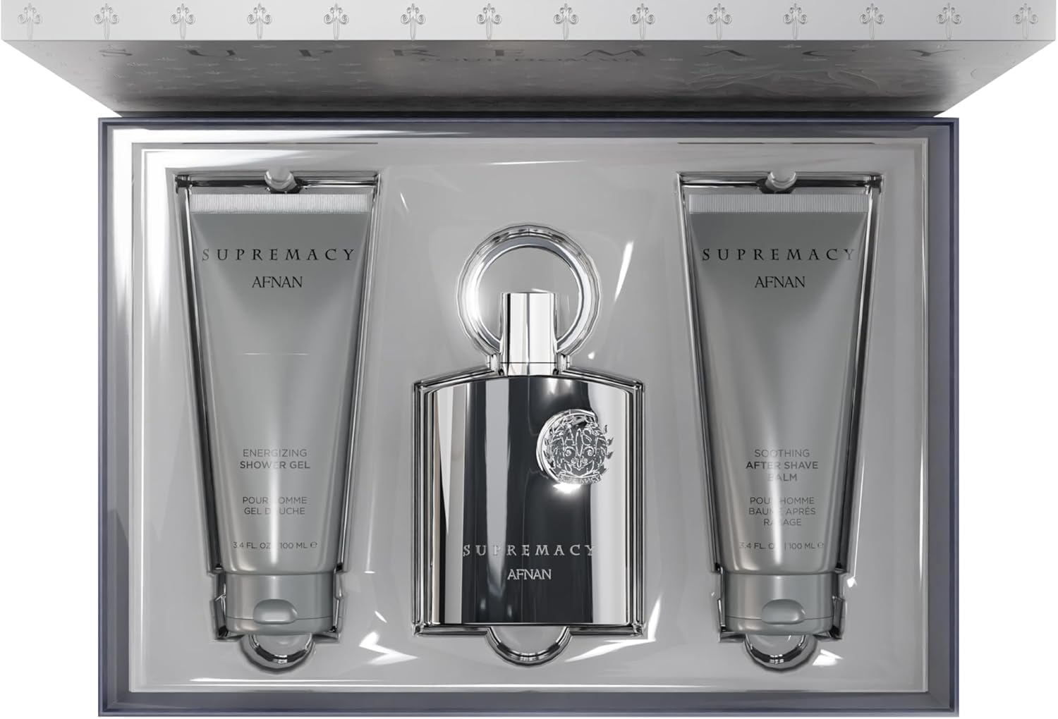 Afnan Supremacy Silver Perfume Gift Set - Eau De Parfum (3.4 Oz), Shower Gel (3.4 oz), After Shave Balm (3.4 oz)