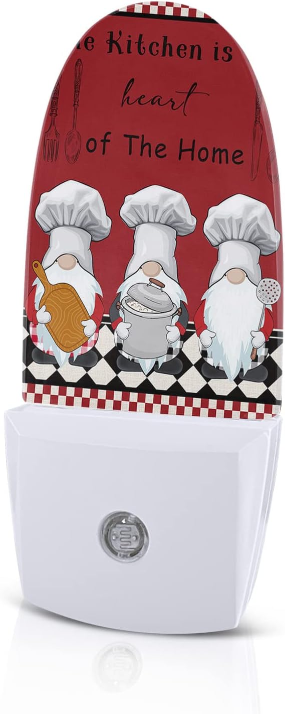 Red Chef Gnomes Night Light, LED Plug in Night Light, Farmhouse Red White Plaid Night Lights with Dusk to Dawn Sensor Decorative Kids/Adults Nightlight for Bedroom Bathroom