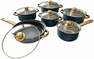 Cookware Set with Lids, Blue, 16cm/18cm/20cm/22cm/24cm | , Pots and Pans Set with Glass Lids, for Apartments, Home Cooks