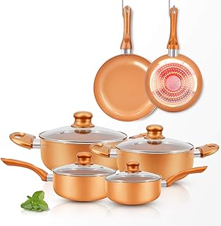 FRUITEAM 10pcs Cookware Set Ceramic Nonstick Soup Pot/Milk Pot/Frying Pans Set | Copper Aluminum Pan with Lid, Induction G...
