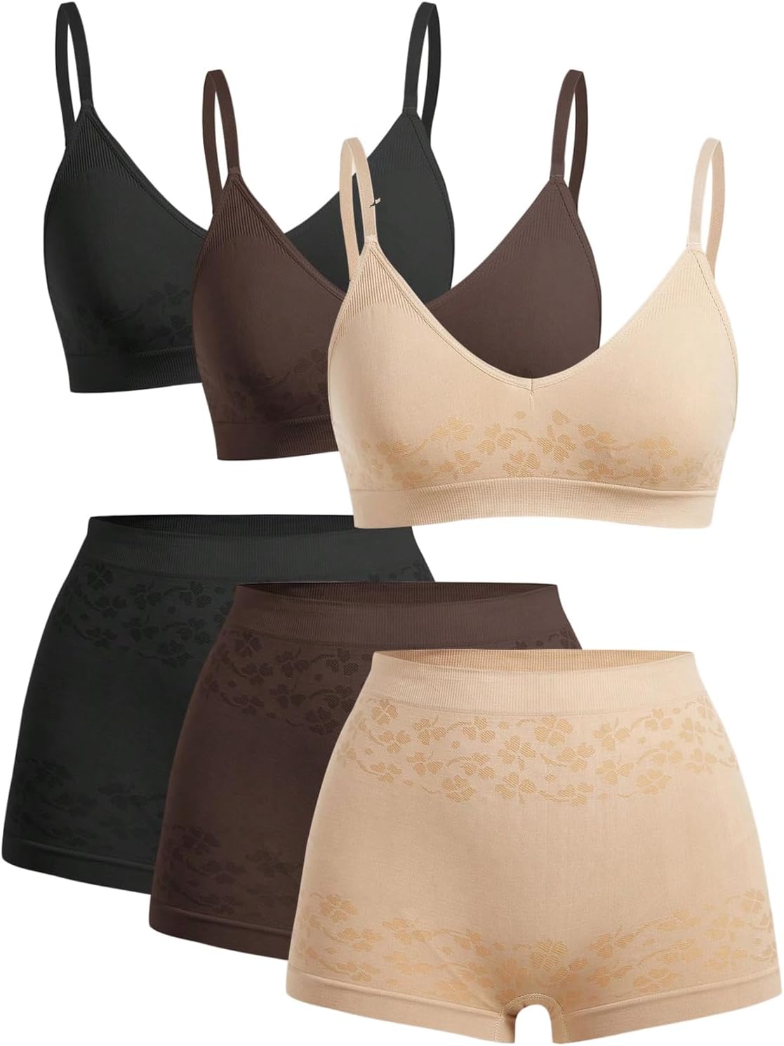 BEAUDRM Women's 6 Piece Lingerie Set Floral Wireless Unlined Bra Seamless Bralette and Boyshorts Boxer Briefs Underwear Sets