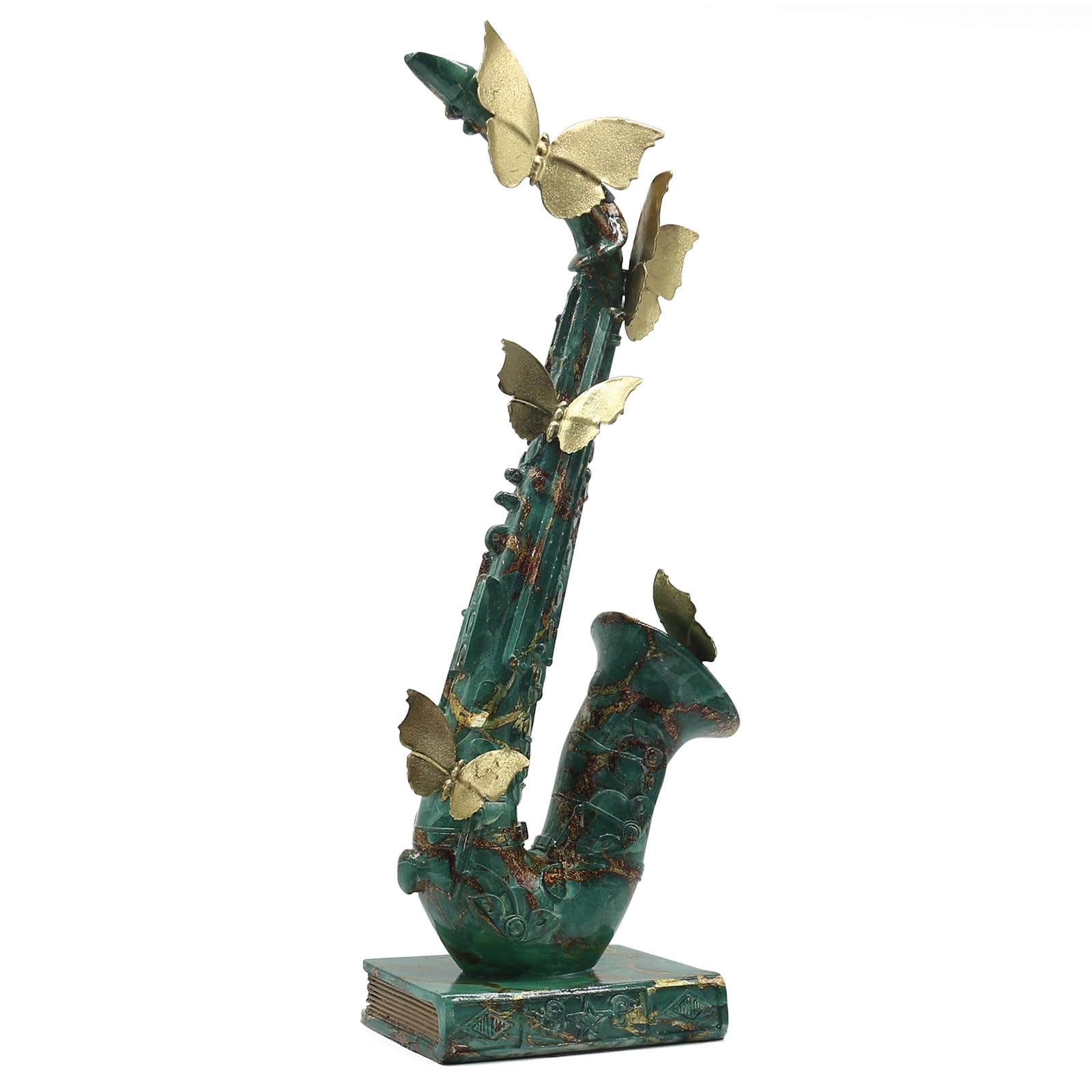 Statua di sassofono verde con farfalle dorate, ornamento decorativo a tema musicale per ufficio soggiorno, regalo per musicisti