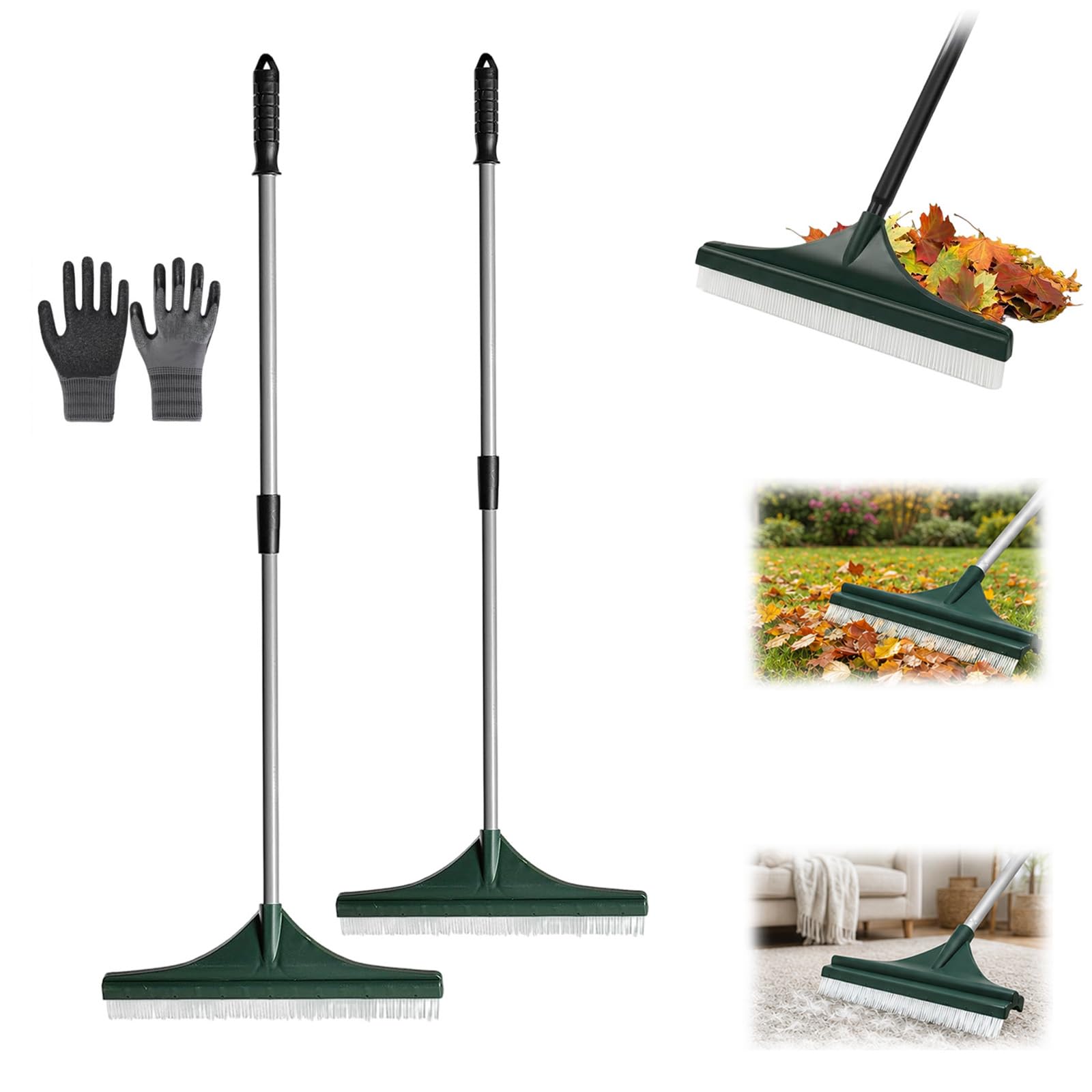 Rastrillo Multifuncional para Césped y Alfombras, Cepillo para Césped Artificial con Mango Telescópico Ajustable, Cepillo Manual para Terraza, Alfombras, Pelo de Mascotas y Jardín (2 PCS)