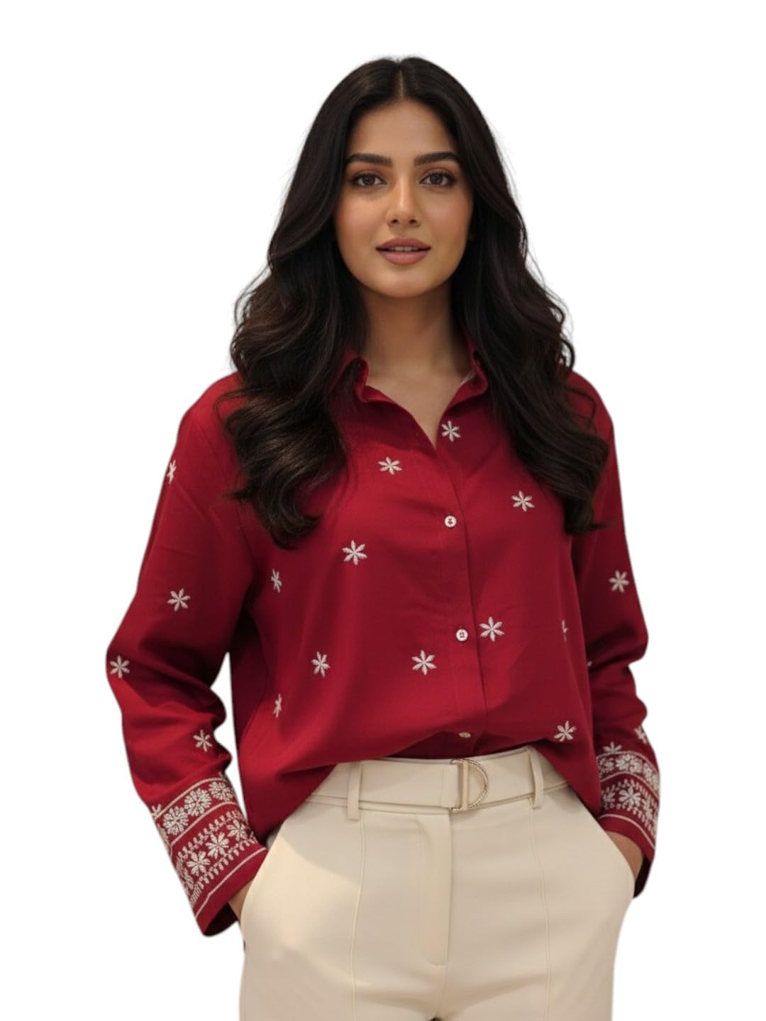 vinchic Women Rayon Embroidered Shirt – Long Sleeve Button Down Top with Floral Embroidery, Casual Office Wear Blouse(Maroon)-picture-37