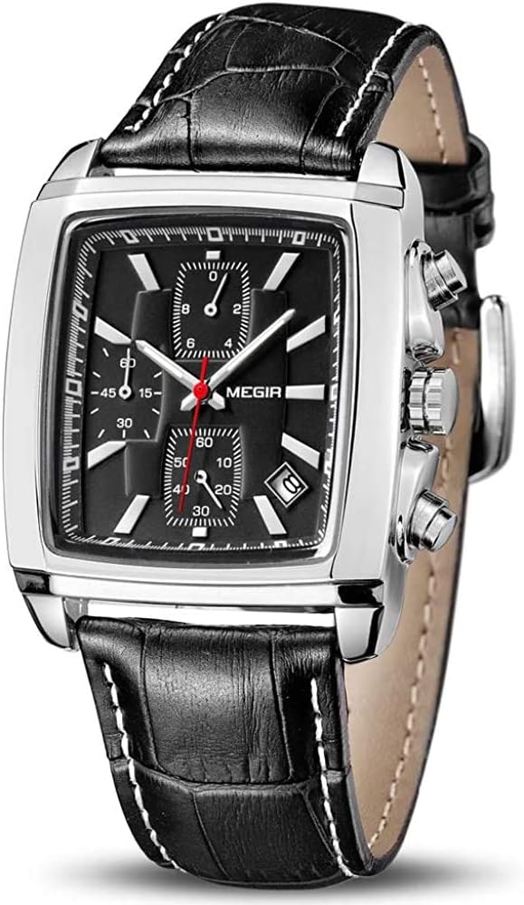 Men's Business Chronograph Luminous Leather Strap Sport Work Quartz Analog Watches, Black, Chronograph,Quartz Movement