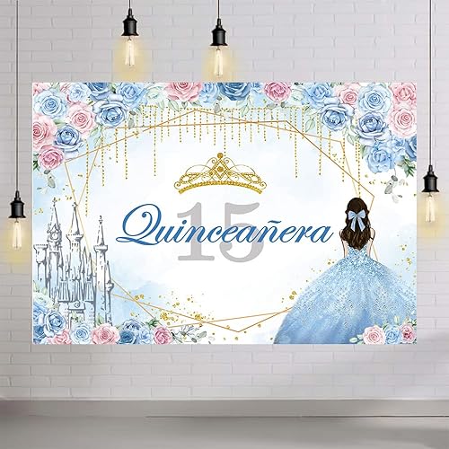 Miniatura 4 de MEHOFOND Telón de fondo de quinceañera de cumpleaños número 15 de 7 x 5 pies, Mis membrillo de 15 años, castillo floral azul, rosa, fondo de