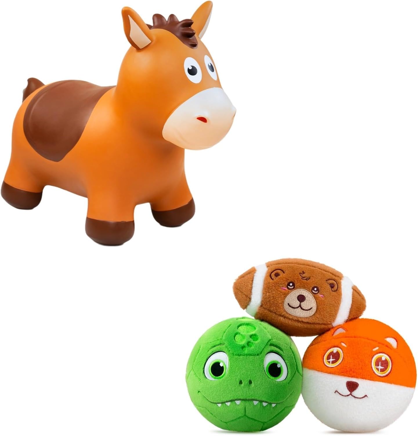 Bounce & Play Bundle: Soft Sports Balls + Inflatable Bouncy Horse