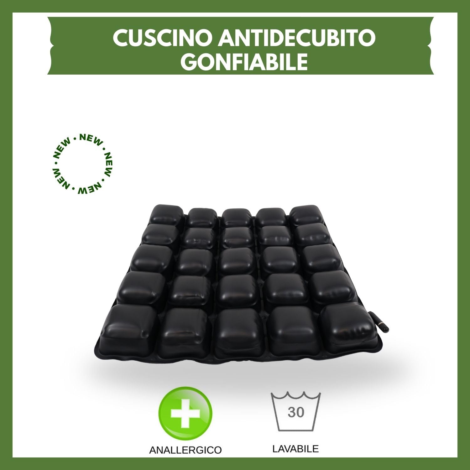 TERMIGEA Cojín antiescaras hinchable completo con bomba para regulación de la presión con 25 celdas alto 5 cm. CA100 Cojín decúbito para la prevención de úlceras por presión.