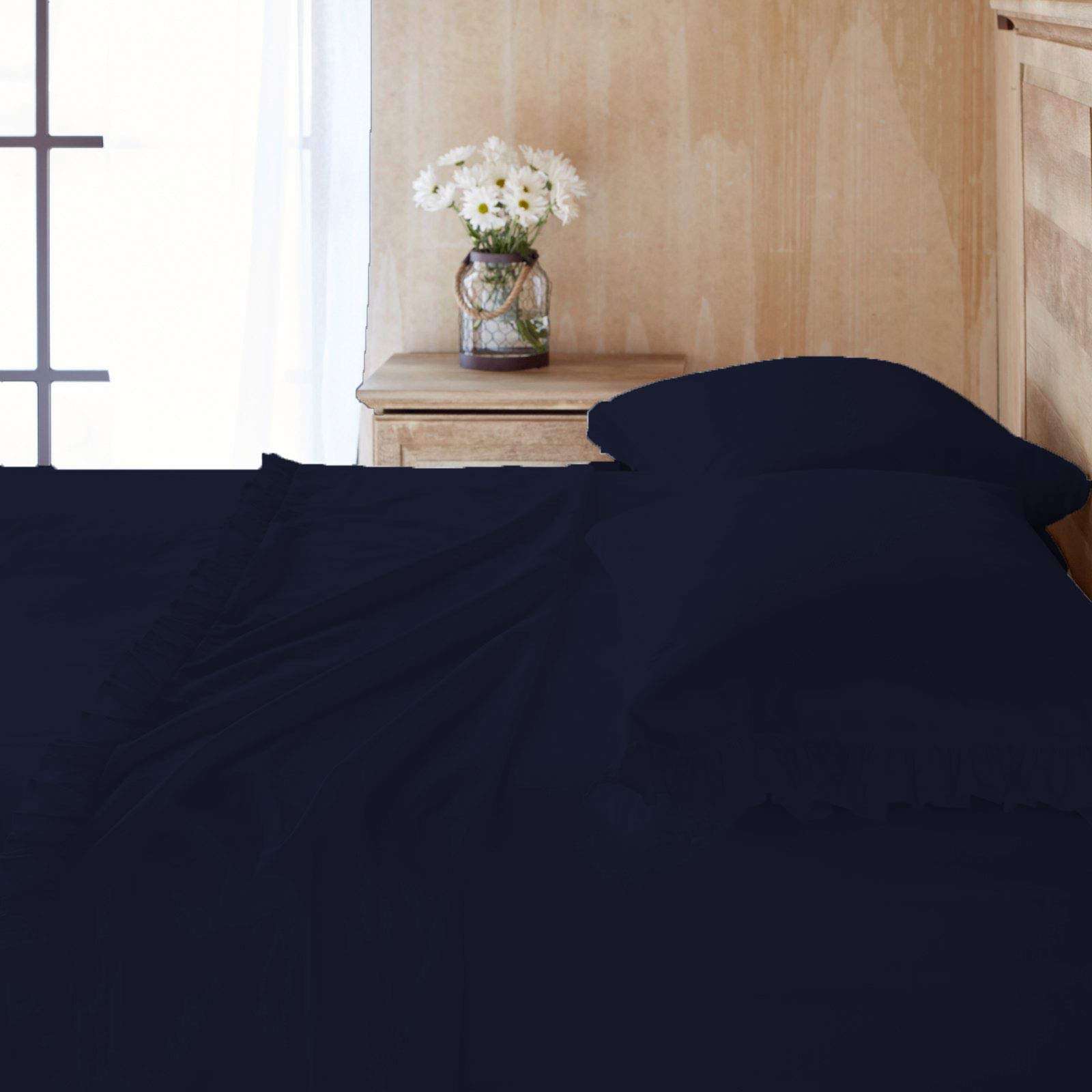 Drap plat à volants 600 fils coton égyptien bleu marine lit super king size