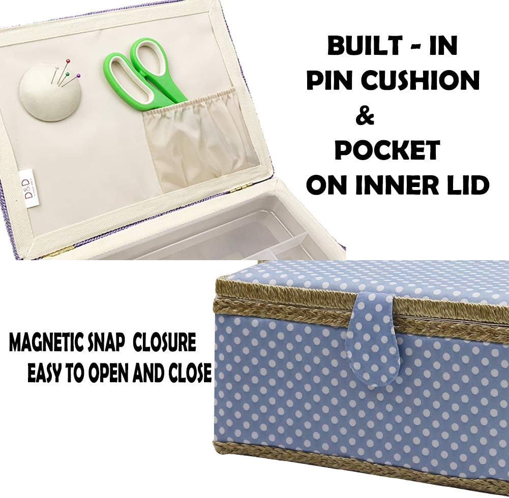 Large Sewing Basket with Kit Accessories Sewing Box Organizer with Supplies DIY Sewing Kits for Adults, Blue Polka Dots