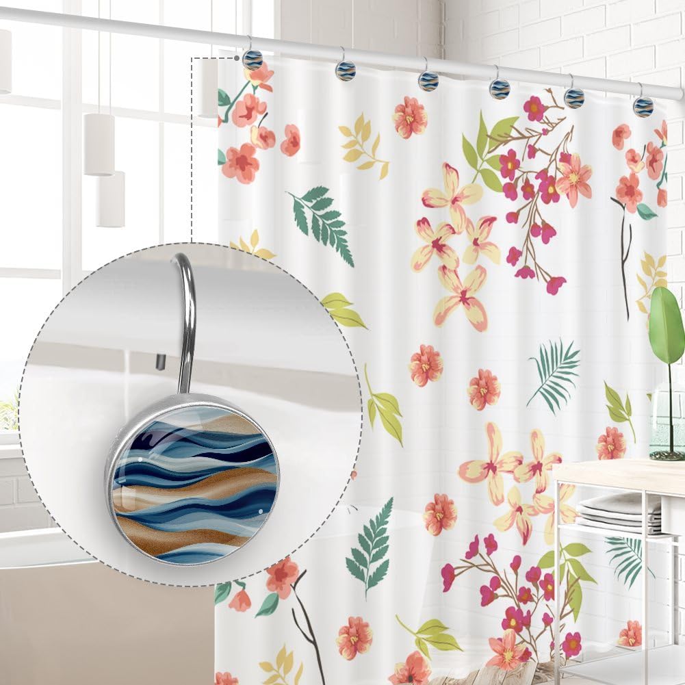 12 Pcs Shower Curtain Hooks, Blue Golden Wave Marble Rustproof Decorative Metal Round Shower Curtain Hangers Rings for Bathroom Bedroom Living Room Rods