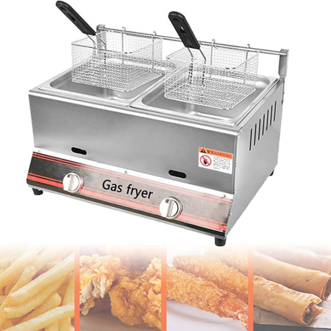 IUokLU Commercial Gas Fryer 6L/12L Stainless Steel Fryer with Frying Basket and Lid,Fast Heating,Countertop Oil Fryer for Restaurant Home for Fried Chicken and Fries (Doublecylinder)