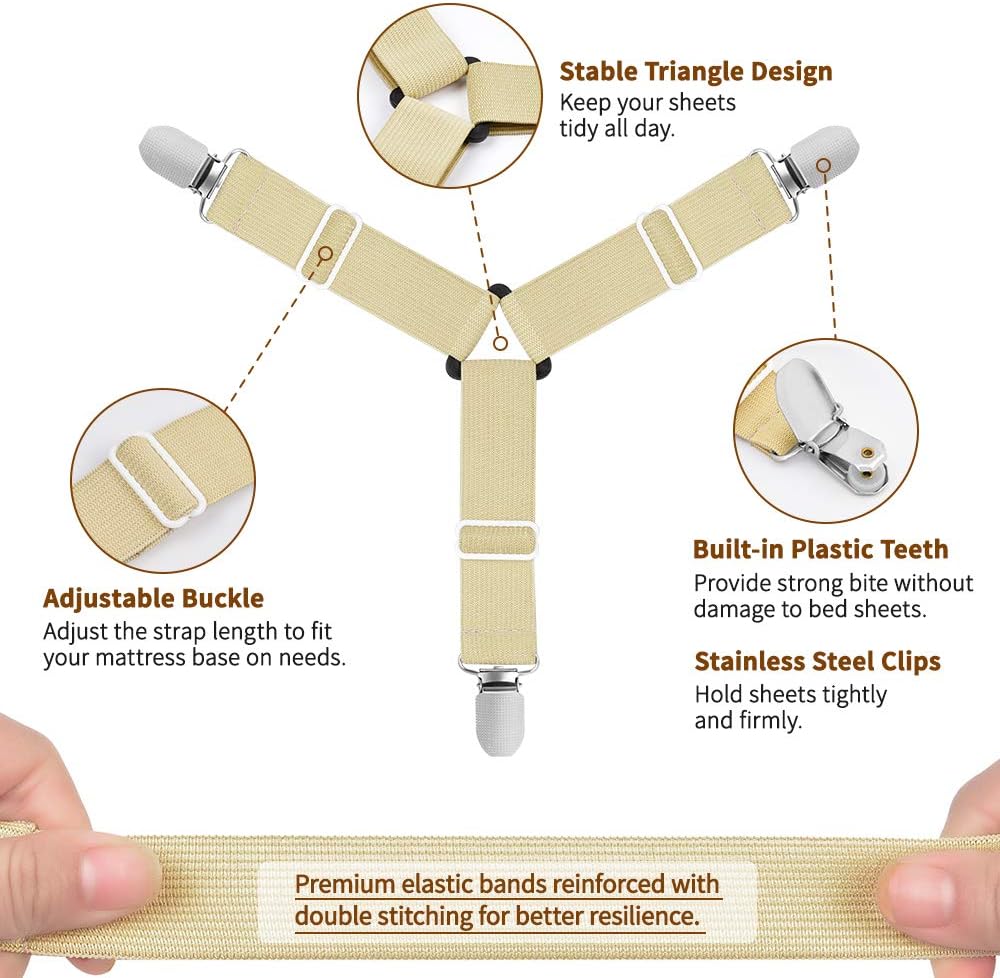 Sopito Bed Sheet Holder Straps, 4 PCS Bed Sheet Fasteners Adjustable Triangle Elastic Suspender Mattress Corner Clips with Heavy Duty Grippers Khaki : Home & Kitchen