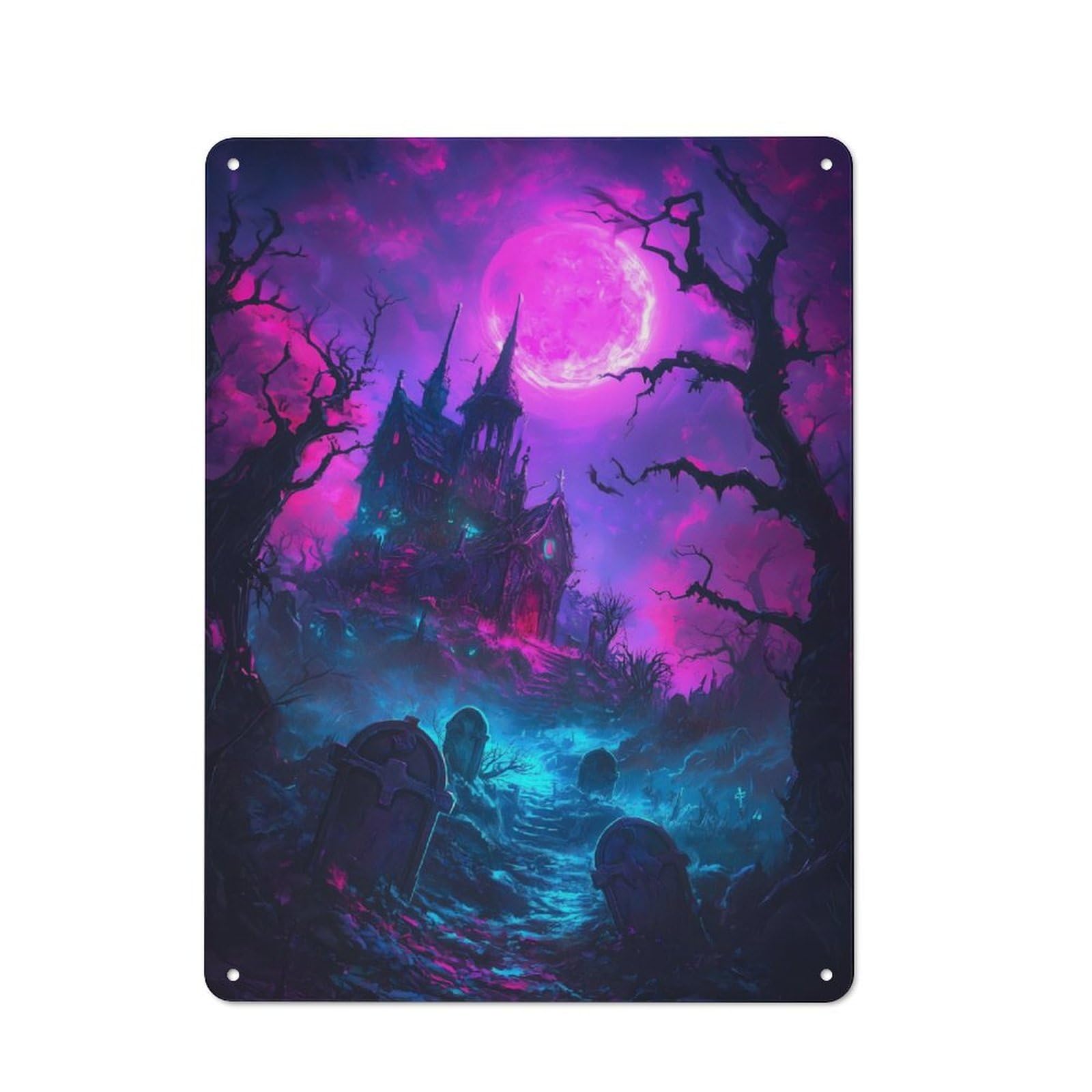 Junmoney Haunted Mansion Under Neon Moon Vintage Metal Plaque 40X30cm Featuring For Garage Wall, For People Furnishing A Garage