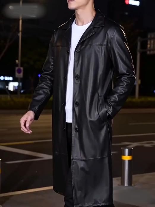 Maiyifu-GJ Mens Leather Trench Coat Faux Leather Vintage Long