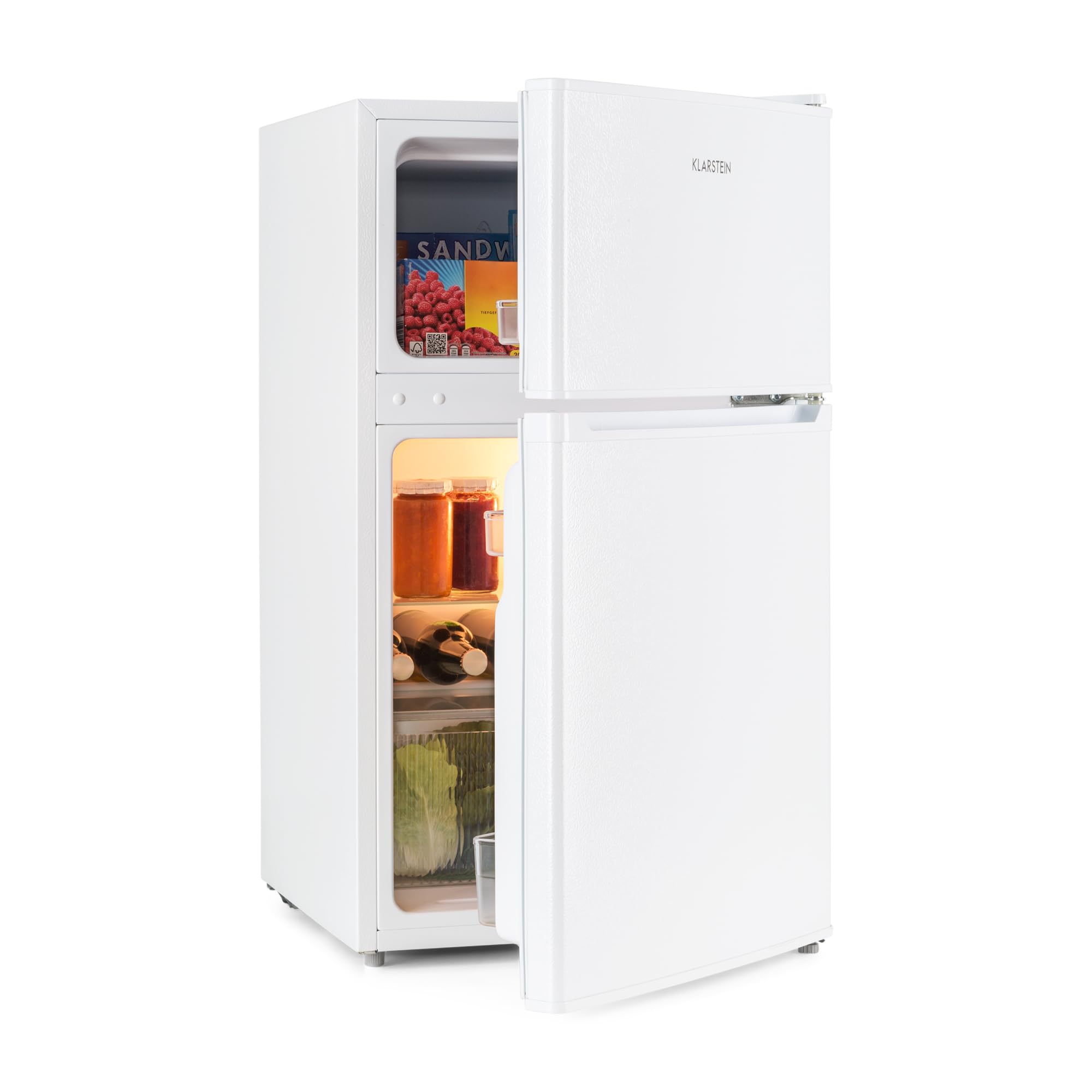 KLARSTEIN Big Daddy Cool – Combinación Nevera-Congelador, Neveras silenciosas de 87L de capacidad, Eficiencia energética clase E, Frigorífico de 61L, Congelador de 26L, Blanco