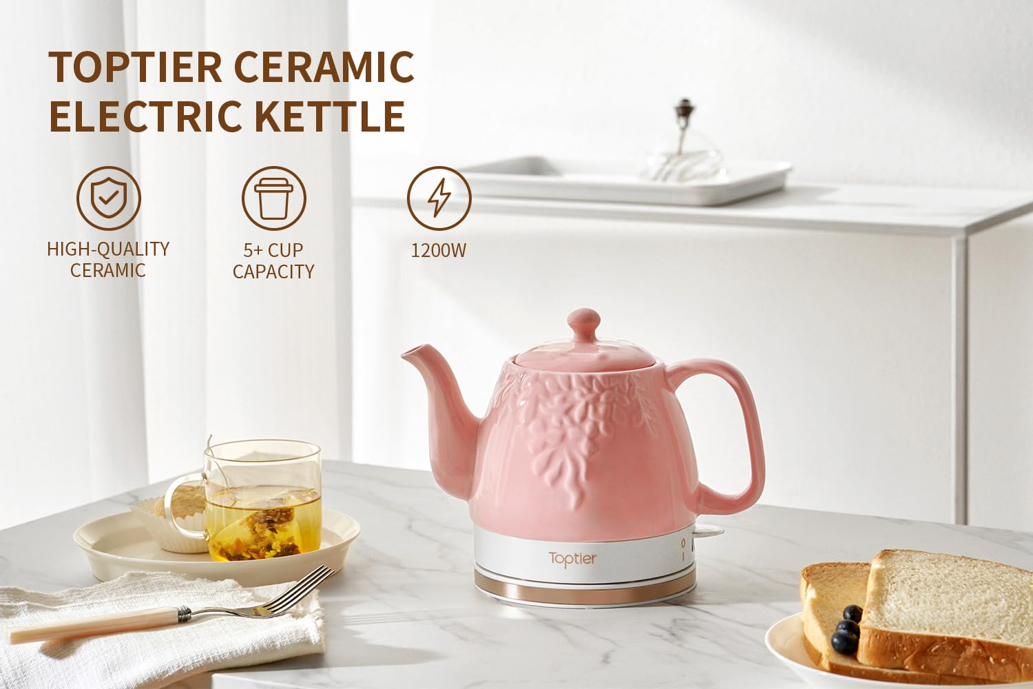 Toptier Electric Ceramic Tea Kettle, Boil Water Quickly