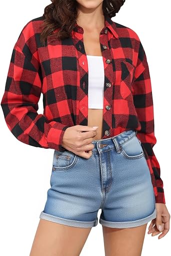 Lacozy Cropped Shirt for Women Flannel Button Down Long Sleeve Crop Tops