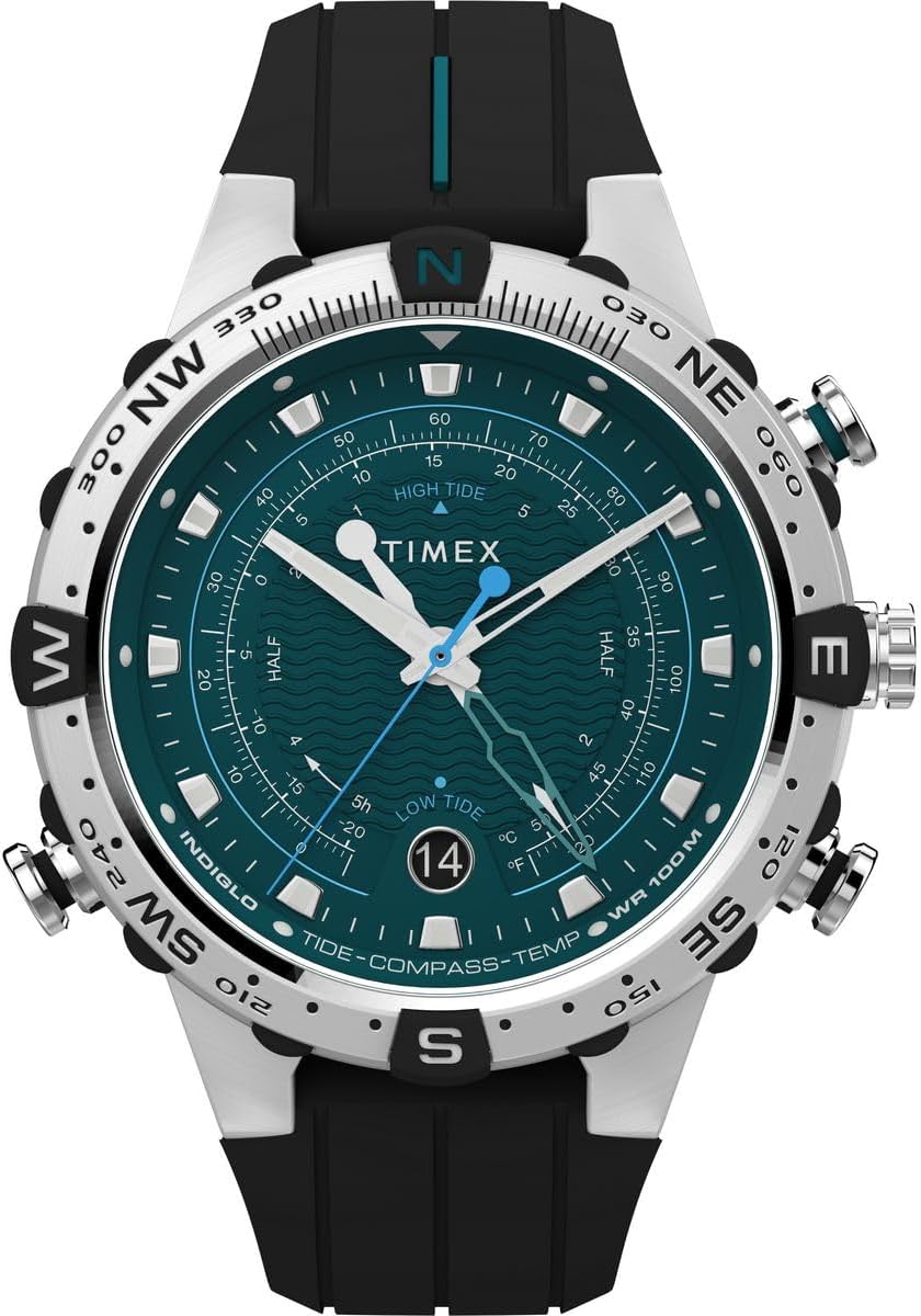 Devan view of the Timex TW2W24200 watch, displaying the teal dial with tide, temperature, and compass markings, along with the main time hands.