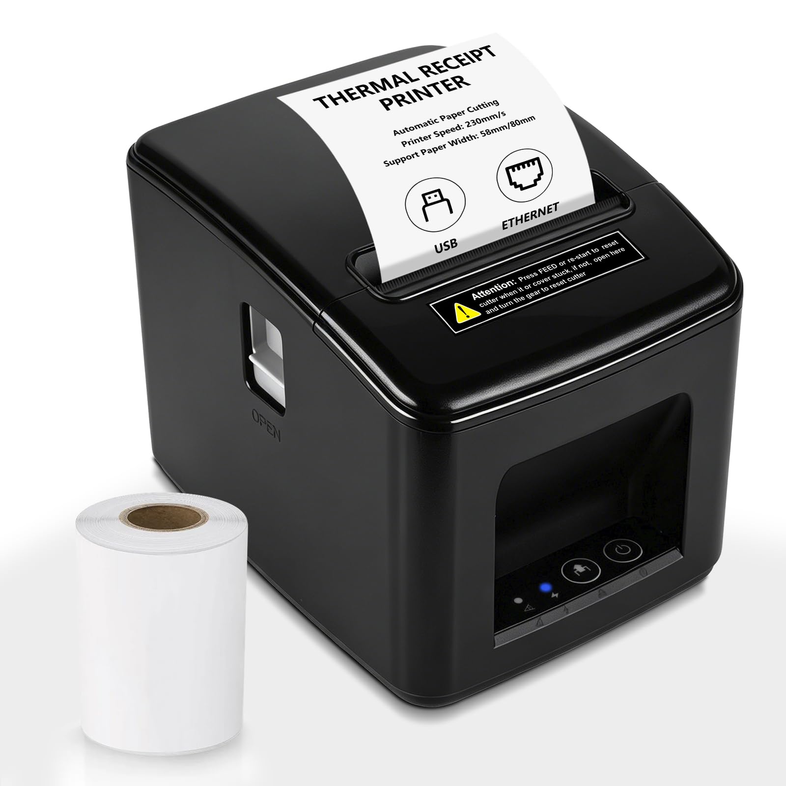 Stampante per ricevute termiche 80 mm, taglio automatico, USB + LAN | Stampa ad alta velocità da 230 mm/s, ESC / POS Supporto Windows / Android / Mac / Linux, negozi al dettaglio e ristoranti
