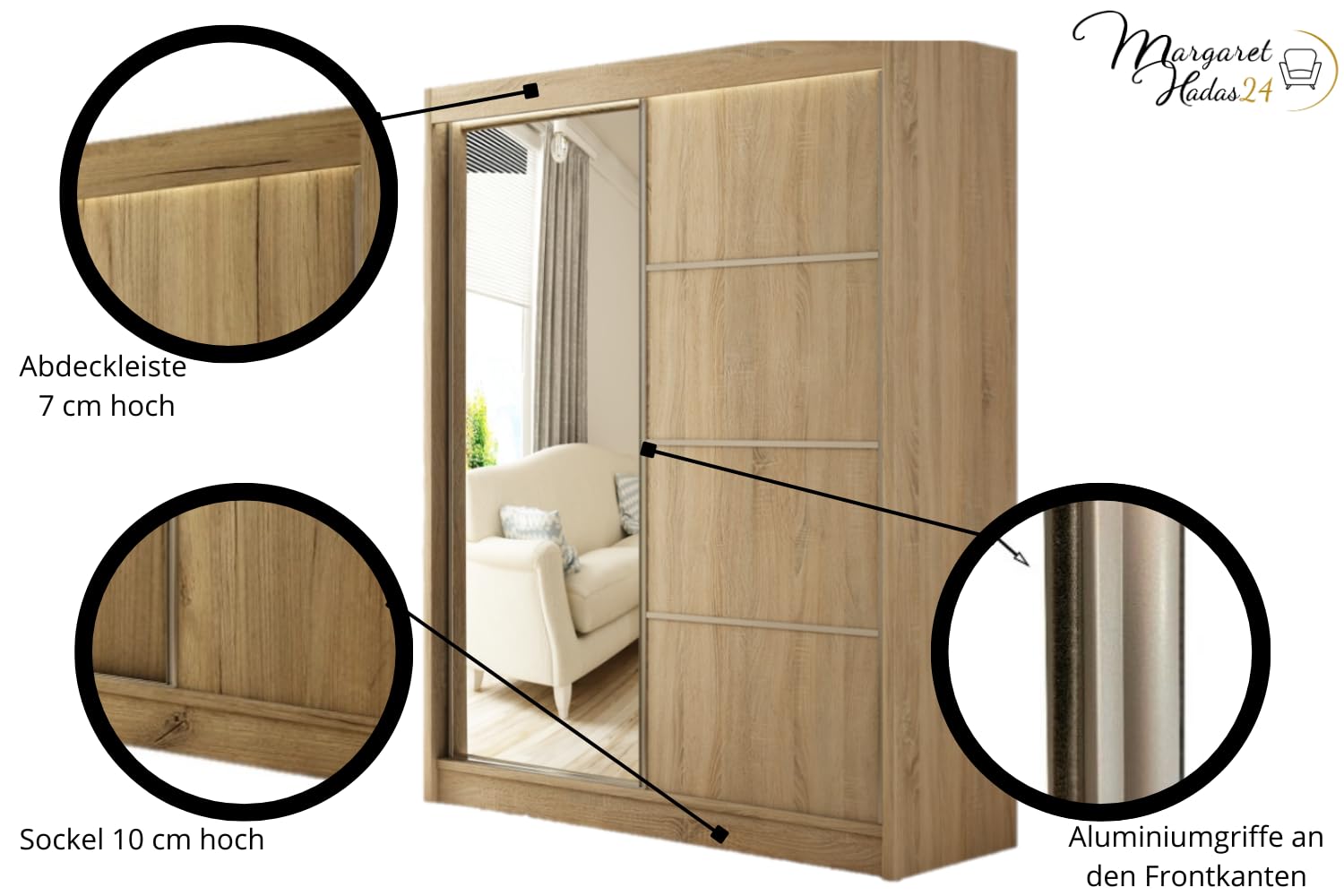 Margaret Hadas24 Kleiderschrank Padwa 150 mit Spiegel, Organizer, Mehrzweckschrank, Schwebetürenschrank, Garderobenschrank, Kleiderstange, Kleiderständer, Flurschrank, Schrank, 2-türig, braun