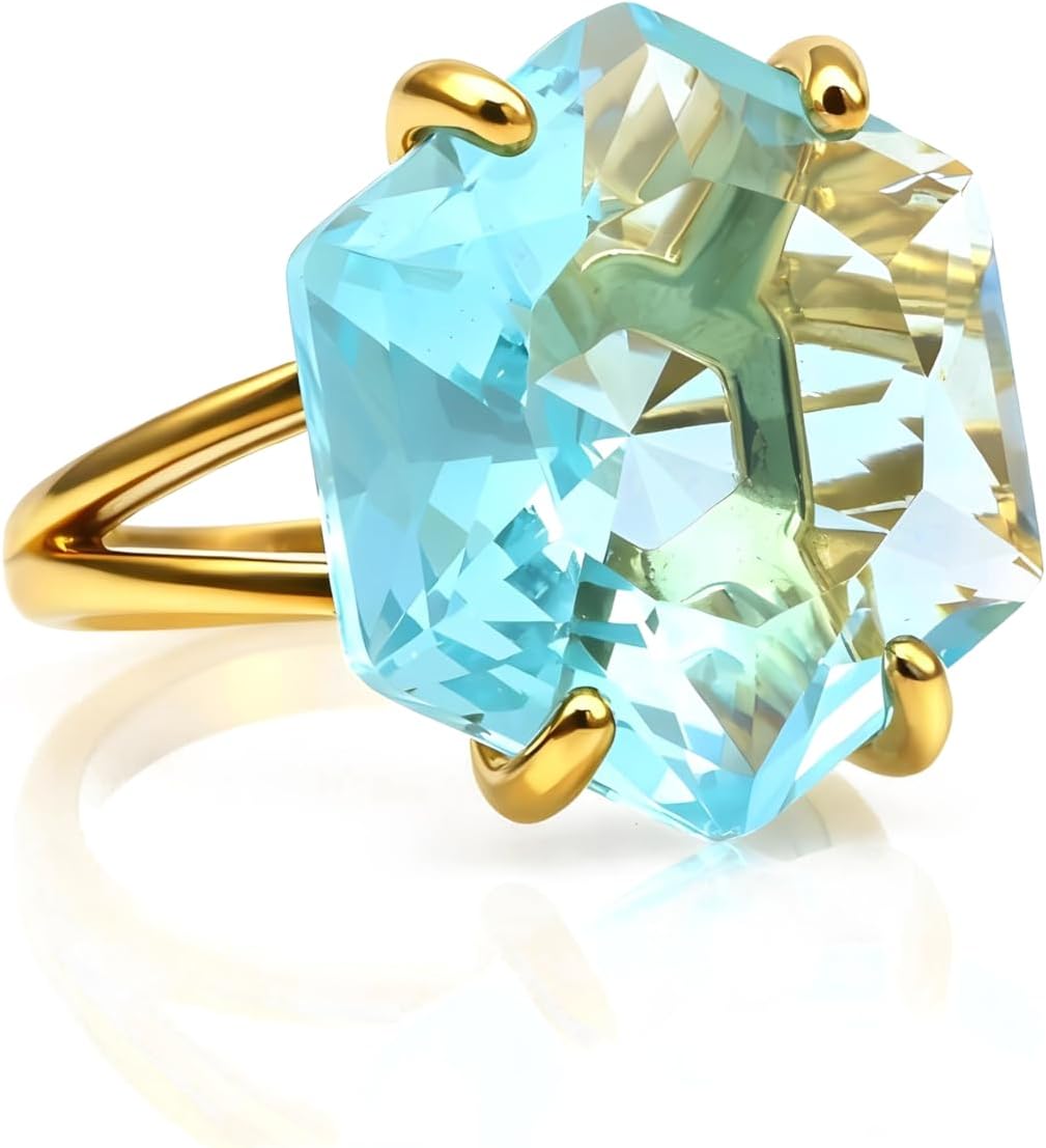 Stunning Blue Topaz Ring in 14K Gold – Custom-Cut Hexagon Gemstone Cocktail Jewelry – Statement Birthstone Piece for Her – Handmade