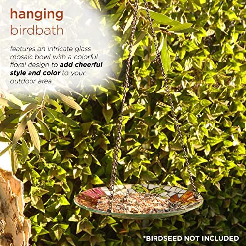 Alpine Corporation Hmd214 Alpine 10" Round Glass Mosaic Floral Hanging, Multicolor Birdbath #TOP3