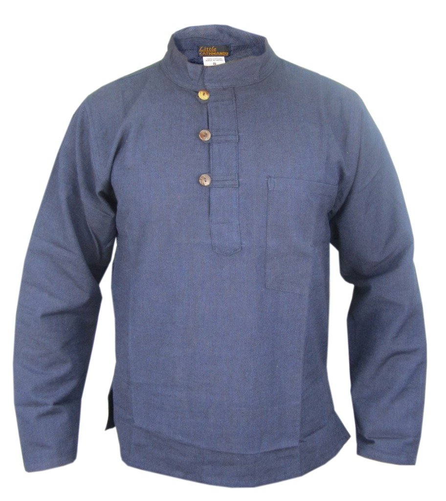 Gheri Men's Plain Cotton Hemp Grandad Collarless Pocket Kurtas Shirts Navy Blue XX-Large