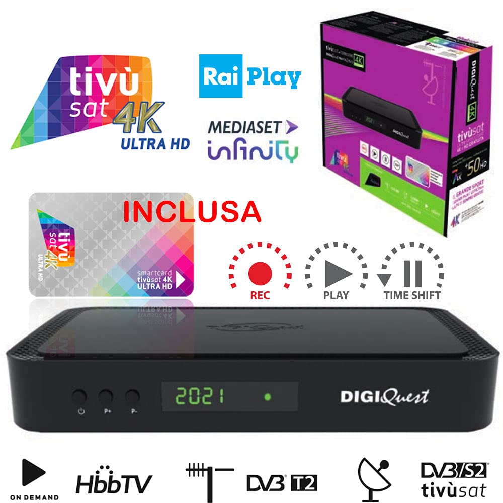Decoder Ricevitore Tivù Sat Combo Digitale DVB-T2 Satellitare DVB-S2 Tivusat con scheda 4K HD UHD Tivusat inclusa Funzione PVR registrazione MAIN 10 HEVC H265 SCR e DCSS HbbTV On-demand rai e mediaset