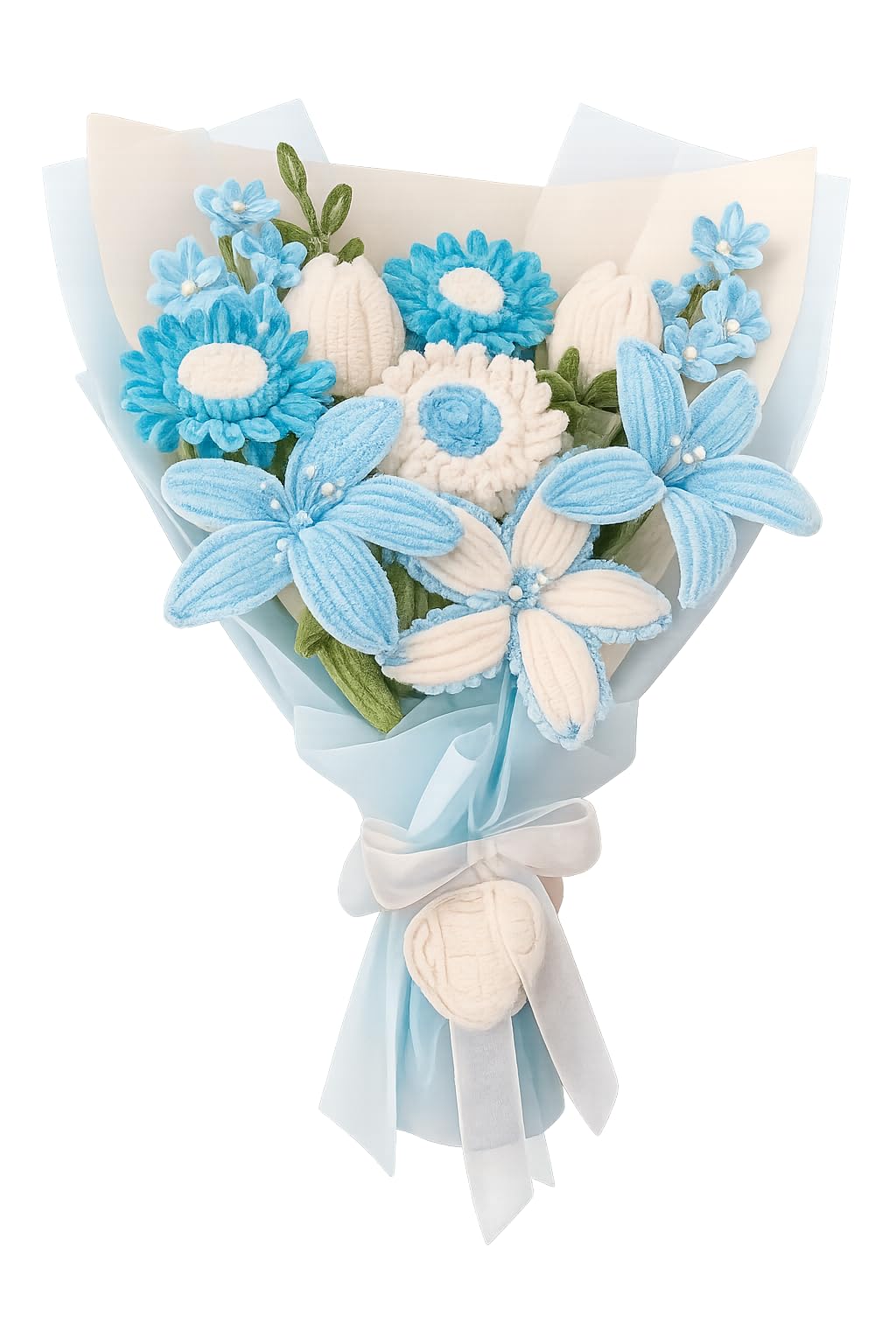 Handmade Blue & White Crochet Flower Bouquet – Knitted Lily & Daisy Bouquet, Forever Flowers Gift for Birthday, Anniversary (Blue & White Tulip Crochet Bouquet)-image-1