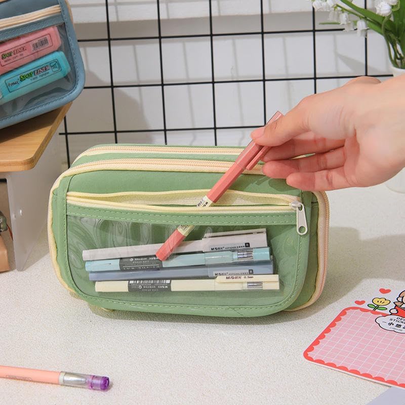 Image of Canvas School Bag Pencil Case, 3 Layer 6 Compartment Large Capacity, Aesthetic Pencil Pouch for Stationary, Cute Stationery for Kids, Pencil Case for Girls & Boys (Green T)