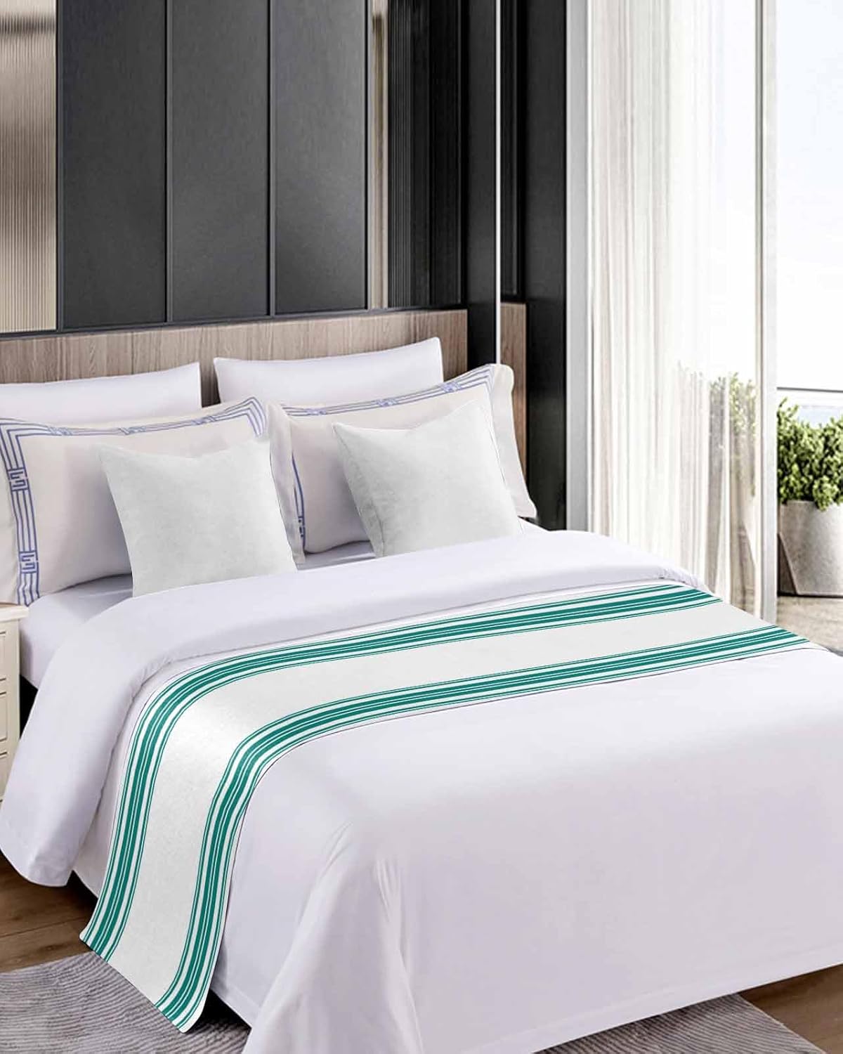 Teal Stripe Turquoise Line White Back Bed Runners for Bedroom Hotel,Decorative Bedding Scarf Modern Minimal Art Bed End Blanket Bedding Runner Scarves for Full Size Beds,83x20in