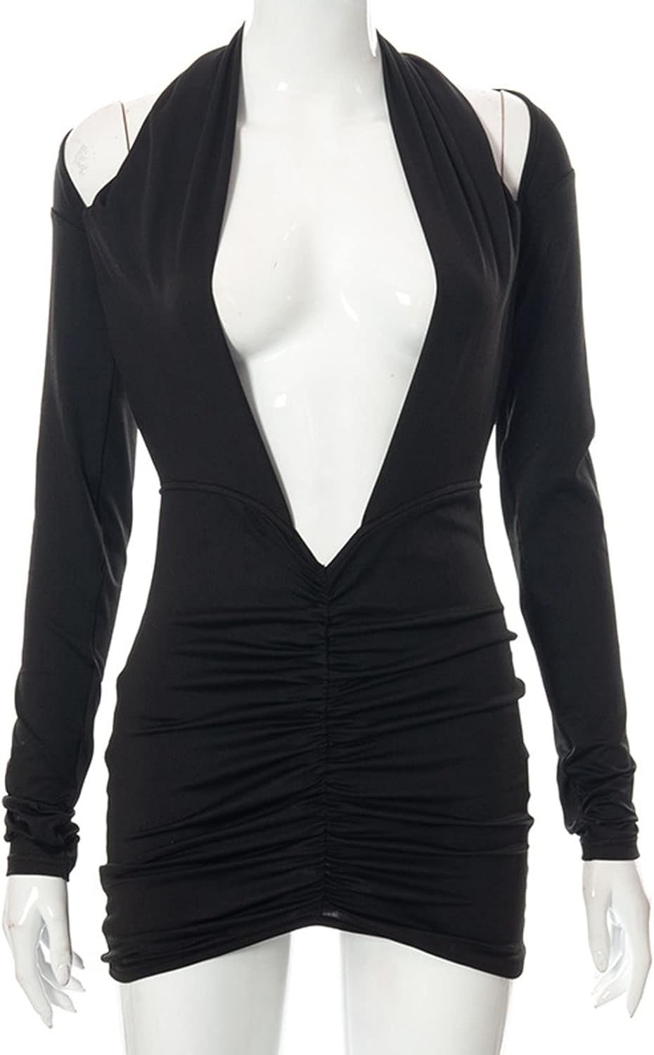 Women Sexy Deep V Neck Long Sleeve Backless Dress Cut Out Bodycon Ruched Mini Club Dresses - Image 4