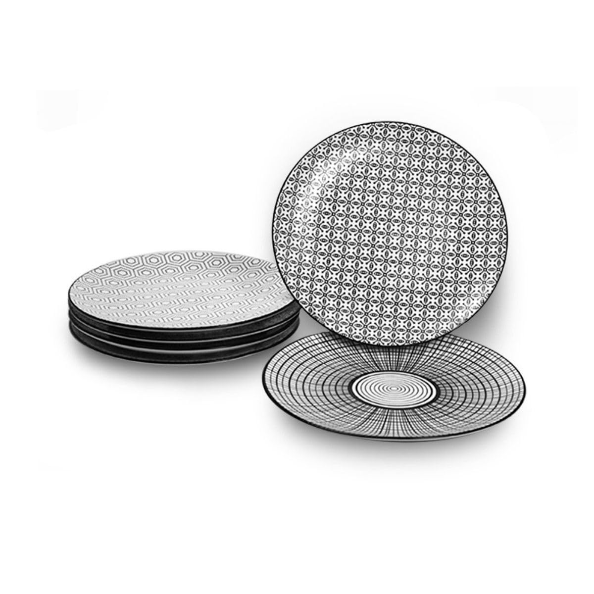 Artime - Lot de 6 Grandes Assiettes Noires et Blanches, Vaisselle avec Motifs, Assiettes Plates en Porcelaine, Assiettes Adaptées au Lave-vaisselle et Micro-onde