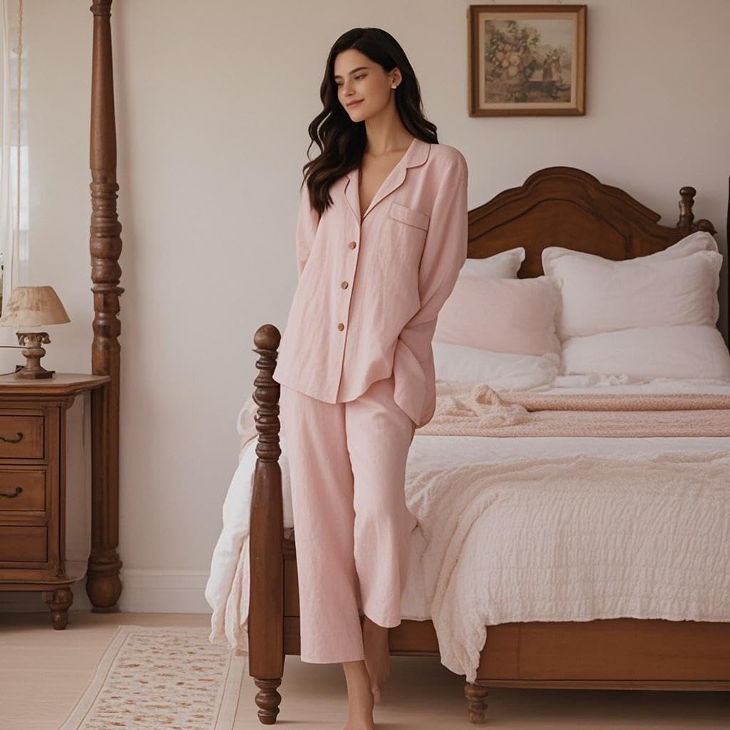 Simple&Opulence Women's 100% Linen Pajama Set Soft Shirt and Pants 2 Pieces Loungewear Slim Fit Soft and Breathable S-L
