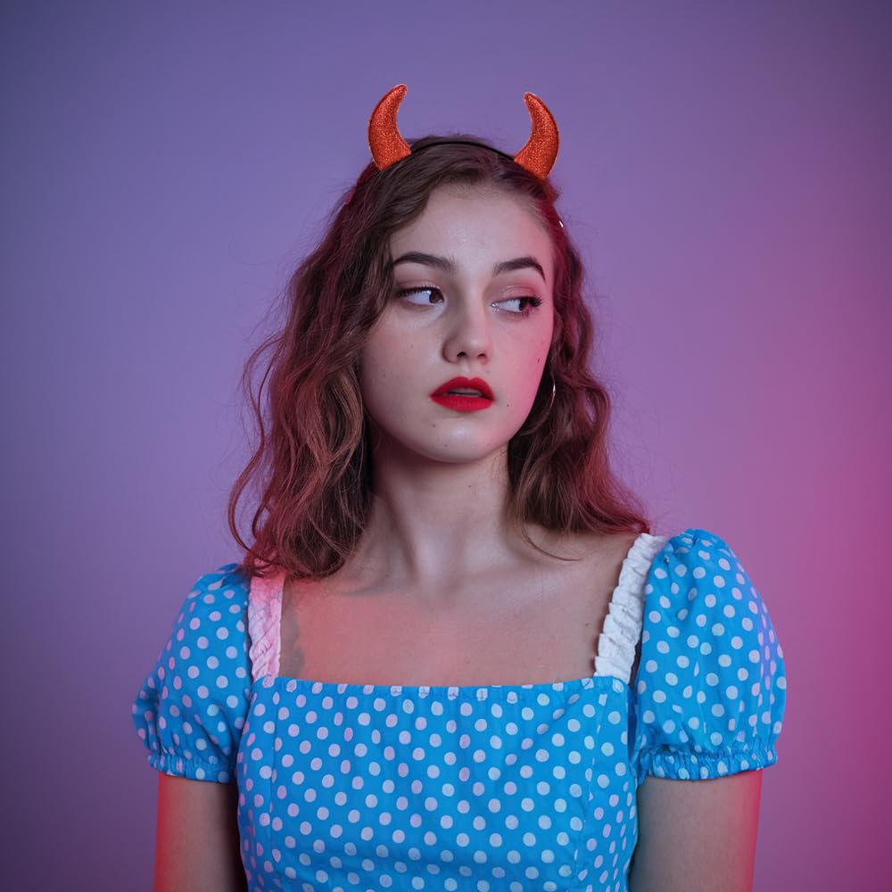 Bicfuiot Glitter Red Devil Horns Headband Horns Costume Accessories Halloween Headbands for Women Adults Devil Ears Hair Band Headwear Halloween Gifts for Women Men Cosplay Party - Image 2