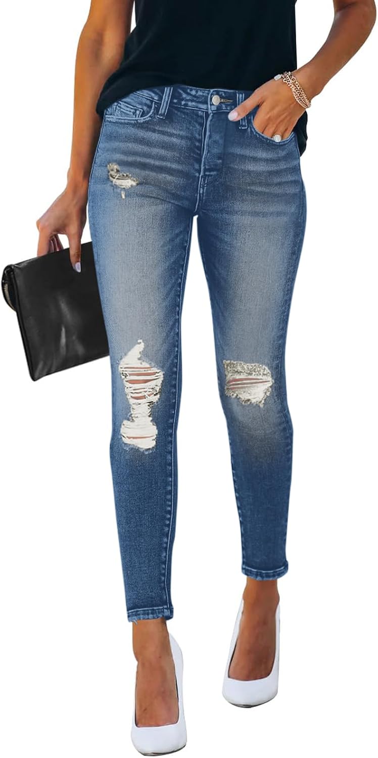 Women's Mid Waisted Jeans Trendy Distressed Stretch Ripped Butt Lift Denim Pants (Pack of 2)