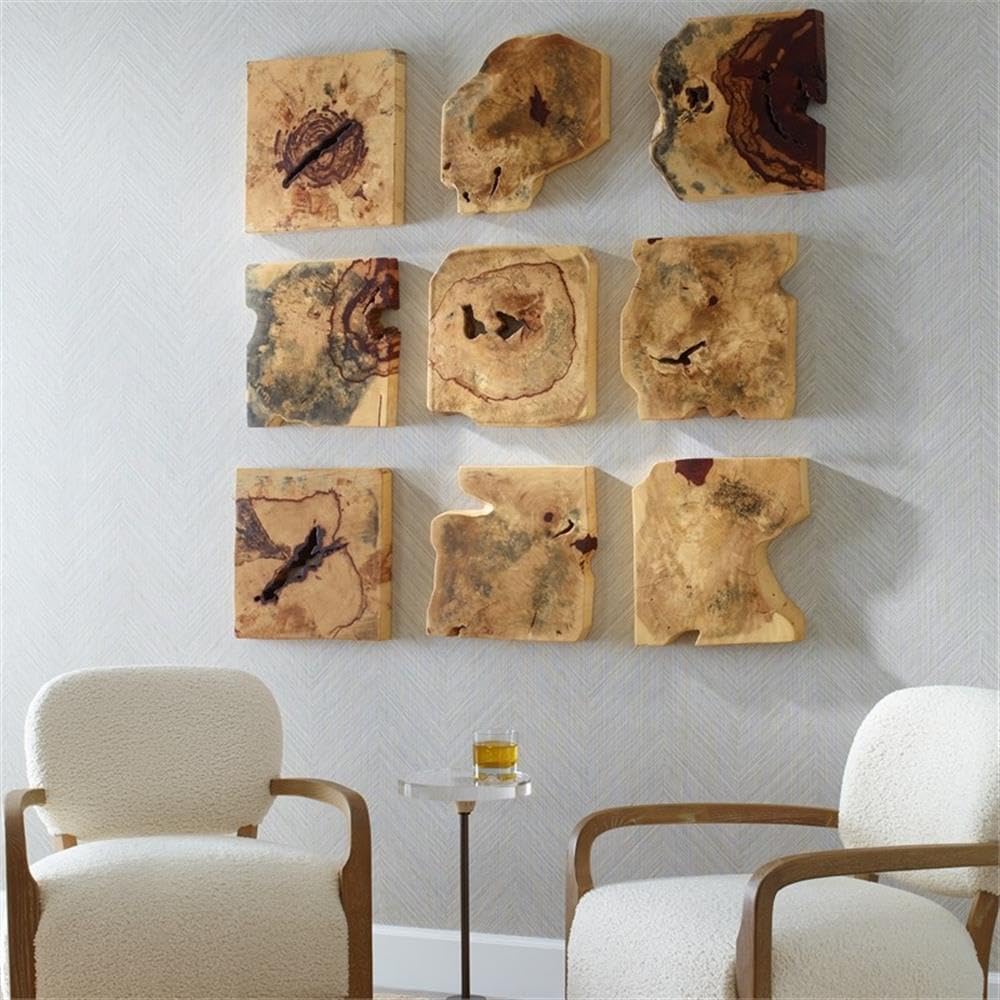 BOWERY HILL Contemporary Wood Wall Decor Set of 9, 100% Tamarind Wood, Natural Finish, 16x16 in Handcrafted Wall Art, Unique Design, Wall-Mount for Living Room, Bedroom, or Home Office