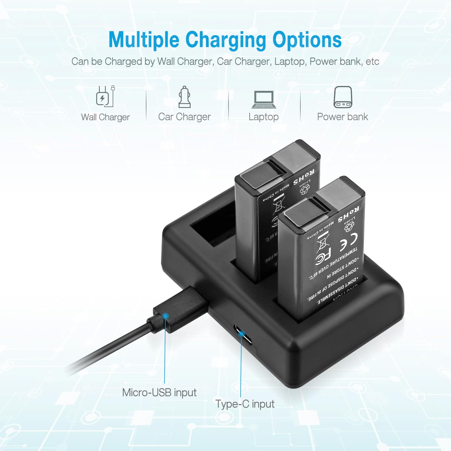 Batteria di ricambio Max e caricatore USB Rapid a 3 canali compatibile con GoPro MAX 360 batteria e GoPro MAX ACDBD-001 ACBAT-001 - Batteria completamente decodificata